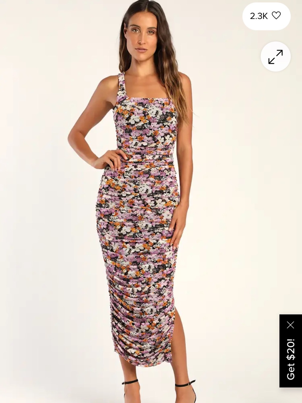 Lulu's Floral Ruched Maxi Dress in Lavender, Pink, Orange, Black